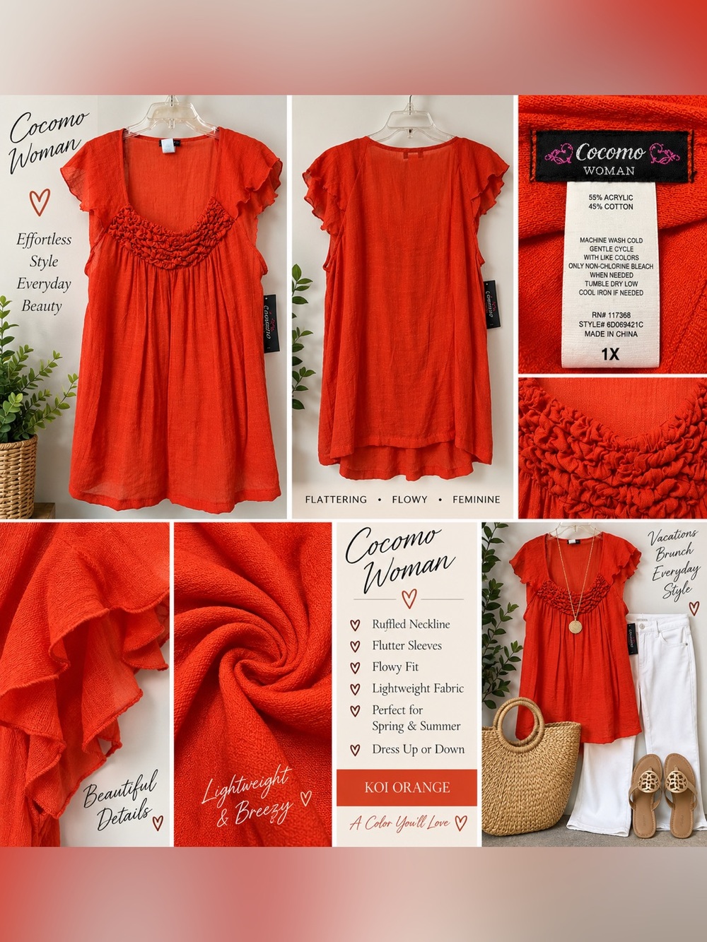 Cocomo Woman 1X Koi Orange Ruffle Flutter Sleeve Flowy Tunic Blouse NWT $42